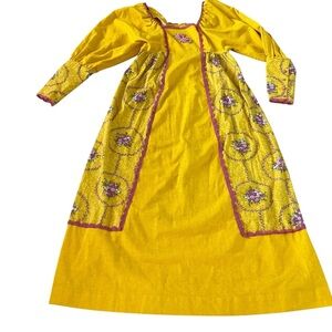 Vintage 70s Misty Lane yellow hand embroidered maxi dress linen puff sleeve S